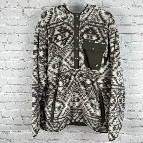 Ariat™‎ Men's Polar Bear Fleece Hoodie Pullover, Size XL, Jetty Gray Geo Map